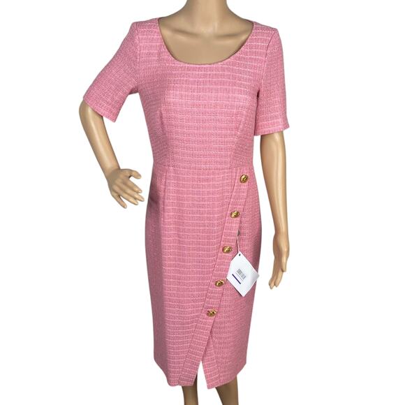 NWT Boutique Moschino $795 Fitted Pink Tweed Button Detail Sheath Dress SZ 8 - Picture 2 of 12